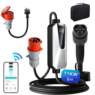 JUNSUN Mobile Wallbox EV Ladegerät 11kW Typ 2 6m Ladekabel 5-poligen 6-16A CEE Stecker Adapter,WIFI/APP Steuerung Einstellbarer Strom
