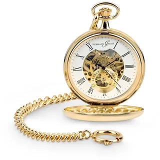 Hermann Jäckle Taschenuhr "Heidelberg" Vergoldet, Skelettuhr, Handaufzug, Mineralglas, mit Kette & Etui – Edles Accessoire für Herren