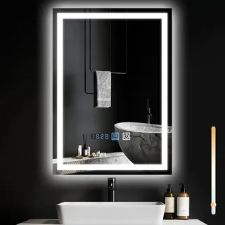 Mursche Spiegel Bad Badspiegel mit Beleuchtung - LED Badezimmerspiegel 50x70 cm Wandspiegel Badezimmer IP44 mit Touch-Schalter und Uhr Entfogger-Funktion Licht Dimmbar 3000K-6500K