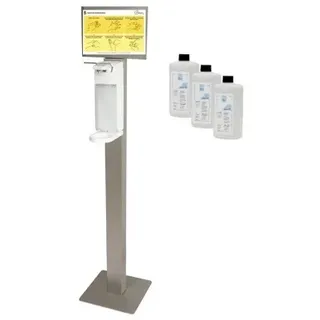 Blanc HYGIENIC SET: Armhebelspender Blanc UNIVERSAL + Bodenständer Edelstahl mit Infotafel + Händedesinfektion 6 Flaschen à 500 ml