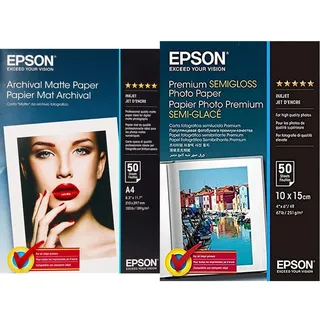 Epson C13S041342 Matte Archival Papier Inkjet 189g/m2 A4 50 Blatt Pack & Fotopapier Premium Semigloss 10x15 50Blatt S041765