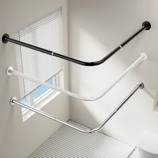 Onpira® Eck-Duschvorhangstange Teleskop L-Form 90–180 cm – Edelstahl, selbstklebend oder schraubbar – Ohne Bohren – In Silber, Schwarz, Weiß – 12 Varianten wählbar (Selbstklebend Weiß, 90x180cm)