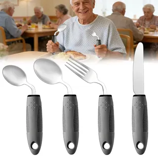 4-Teilig Parkinson Besteck Rechtshänder, 42°Winkel Adaptives Besteckset für Parkinson, Edelstahl Gewichtetes Besteck Bei Tremor für Behinderte Menschen Parkinson Patienten Ältere Arthritis (Grau)