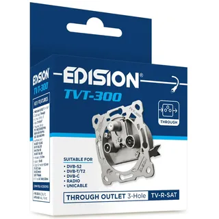 EDISION Antennendose Sat Universal TVT-300, Durchgangsdose TV-R-SAT unterputz 3-Loch, geeignet für Sat DVB-S2, Unicable, Terrestrisch DVB-T/T2, Kabel DVB-C, Radio, FM, DAB+, DC-Pass, 3 Ausgänge