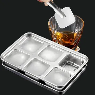 LIFEDYLUK Eiswürfelformen Edelstahl, 6 Eisfächern, Eiswürfelform aus Edelstahl mit Deckel, Easy Release Formen edelstahl Eiswürfelform für Cocktail, Gefrierschrank, Whiskey, Schokolade, Wein, Bier