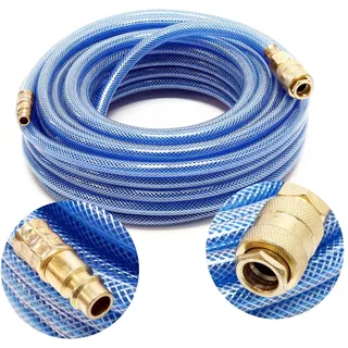 Wiltec PVC Druckluftschlauch 15 m bis max. 60 bar, Kompressorschlauch mit Schnellkupplung, Gewebeschlauch für alle gängigen Kompressoren, Luftschlauch | blau | 12,00 MILLIMETER X 15.000,00 MILLIMETER X 12,00 MILLIMETER