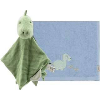 Sterntaler Geschenkset Dino Rexi - bestehend aus Baby Schmusetuch mit Rassel & weichem, saugfähigem Kinderhandtuch - als Geschenk zur Geburt, Geburtstag oder Baby-Party, blau