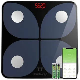 Healthkeep Körper-Analyse-Waage Digitale Körperfettwaage Gewichtswaage Glaswaage bis 180kg, App-Verbindung, 13 Parameter Körperfett Muskelmasse BMI schwarz