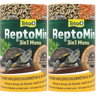 Tetra ReptoMin Menu Schildkröten-Futter - abwechslungsreiches 3in1 Futter mit Sticks, Krill & Shrimps für Wasserschildkröten, 250 ml Dose (Packung mit 2)