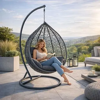 Estexo Polyrattan Hängesessel Hängekorb mit Gestell Rattan Hängestuhl Sessel Anthrazit