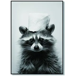 UZYXC Badezimmer Deko Bilder Poster Poster Badezimmer Deko, Ein lustiges Poster mit einem niedlichen kleinen Waschbären, der Toilettenpapier auf dem Kopf trägt, ohne Rahmen – 20 x 30 cm