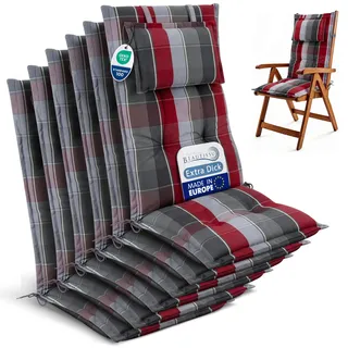 Beautissu 6er Set Gartenstuhlauflagen Hochlehner Auflagen 120x50 cm – 7cm Polster Sitzauflagen Gartenmöbel Made in EU – UV-Lichtecht Sitzpolster Gartenstuhl Grau Rot Hellblau Kariert – HighLux HL