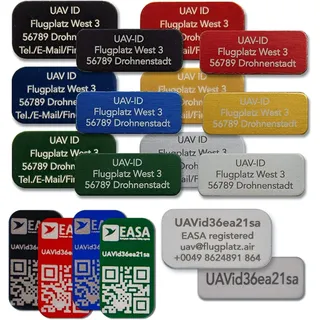 UAV-ID Drohnen-Kennzeichen | Rot 20x8mm | Aluminium Lasergraviert | Selbstklebend |E-ID Registrierungsnummer| Plaketten Aufkleber