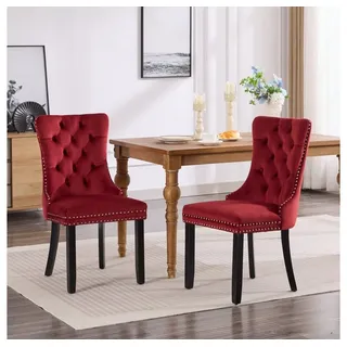 BBG Esszimmerstuhl 2er Set Esszimmerstühle Samt Chesterfield, bis 130 kg, French Style (Polsterstühle mit Knopfheftung & Ziernieten, Massivholz Rubberwood, 2 St), Hochlehner Dining Stuhl gepolstert rot