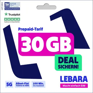 LEBARA Prepaid SIM-Karte mit Hello! 30 Prepaid Tarif ohne Vertrag | 30 GB Datenvolumen inkl. 5G | Allnet Flat | 100 Minuten ins Ausland