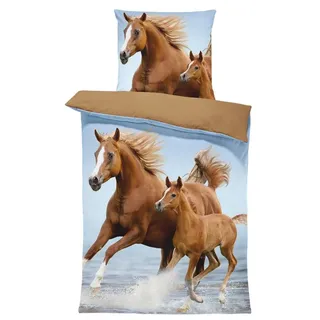 one-home Pferde Bettwäsche 135x200 cm Pferd im Wasser Fohlen blau braun Kinder Microfaser