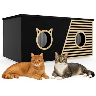 QLS Katzenhaus XXL 85x45x37,5 cm – wetterfest & isoliert mit Schutzvorhang, aufklappbarem Dach & OSB-Boden, für bis zu 4 Katzen Outdoor (Schwarz)