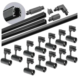 ekobi 3-Phasen-Schienenset NEXTRACK - Schienensystem Komplett-Set mit 12x GU10 Lampe und 2x1m+2 Schiene, Verbinder I+L (Schwarz, 2x1m+2m Schiene + Verbinder I&L)