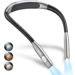 Gritin Leselampe Hals, Stufenlos Dimmar Leselampe Bett mit 3 Farbtemperaturen, Wiederaufladbare Buchlampe 80 Stunden Dauer, Ergonomisch Leselicht Halslampe für Lesen ins Bett/Stricken/Reparieren