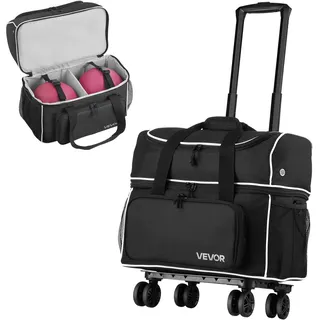 VEVOR Bowlingballtasche für 2 Bälle mit vier Rollen & separatem Fach für Schuhe (bis US-Größe 16) & übergroßer Zubehörtasche, einziehbarer Griff lässt sich auf 95 cm ausziehen Schwarz