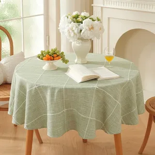 Plenmor Leinenoptik Tischdecke Abwaschbar Rund 135cm, Abwaschbar Tischdecke Grün für Küche,Garten,Party,Runde Tischdecken Baumwolle