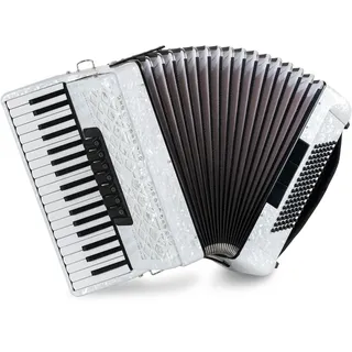 Classic Cantabile Secondo V Akkordeon 96 Bass weiß perloid – 37 Diskanttasten (G-g''), 3-chörig, 5 Register - Einsteiger Akkordeon inkl. Tasche & Tragegurte - für Musikschule & Zuhause