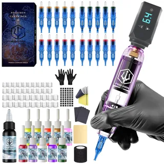 POSEIDON Kabelloses Rotary Tattoo Maschine Kit mit 20 Tattoo Patronen Nadeln & Tinte Set | Professionelle Tragbare Tattoo Pistole für Anfänger | Komplettes Starterzubehör (TK039)