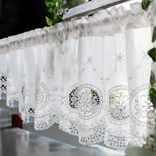 Ricemru Landhaus Scheibengardine Bistrogardine Kurz Weiß Halbtransparent Mandala Blumen Muster Kurzgardine Kurzvorhang Kurzstores Gardinen Baumwolle Französischer Shabby Chic Küche 150x60