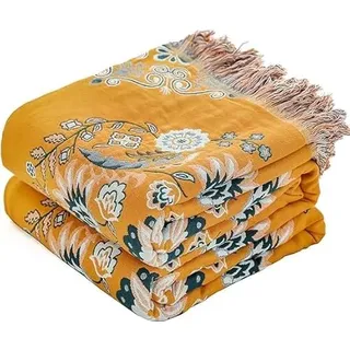 100% Baumwolle Decke 230 x 250CM Boho Tagesdecke Doppelseitig Kuscheldecke Sofaüberwurf Wendedecke Couchdecke Sofadecke mit Blumen Muster,Gelb/Grün