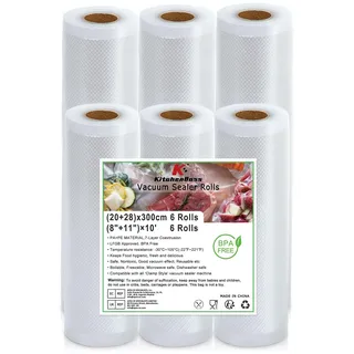 KitchenBoss Vakuumierbeutel 6 Rollen 20/28 x 300cm:Vakuumierfolie für Vakuumierer & Sous Vide, Vakumierfolienrollen BPA-Free, Vakuumierer Beutel Kochfest, Vakuumbeutel Lebensmittel Wiederverwendbar