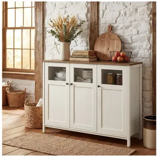VASAGLE Sideboard Küchenschrank (Aufbewahrungsschrank, Stahlrahmen, Industrie, für Wohnzimmer, Küche, Esszimmer), 100 x 35 x 75 cm, verstellbaren Ablage, mit Glastüren braun|weiß