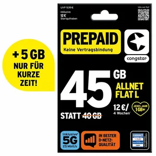 Congstar Prepaid ALLNET L SIM-Karte ohne Vertrag 5G mit 25 Mbit/s Prepaidkarte, (EU-Roaming inkl. CH, 12 € Startguthaben)
