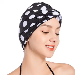 SUNTRADE Badekappe für Damen, Damen, Mädchen, langes kurzes Haar, plissiert, geknotet, Turban-Hüte, Nicht wasserdicht, Badekappe (Schwarz-Weiß)