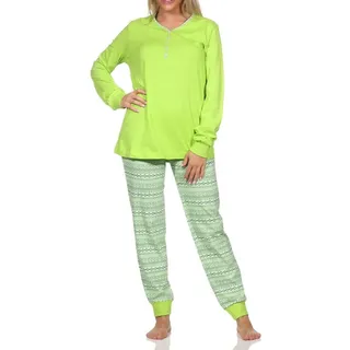 Normann Pyjama Damen Schlafanzug lang mit Bündchen im Ethnolook - auch in Übergrößen grün 56-58