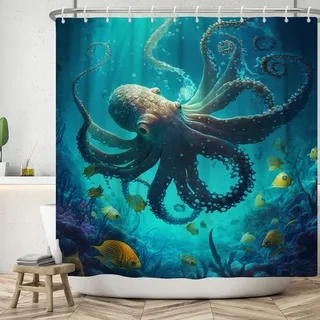 ASDCXZ Meeresboden Duschvorhang 180x200 cm, Blau Tiefsee Ozean Unterwasserwelt Meerestiere Oktopus Fisch Bad Waschbar Duschvorhänge Polyester Textil Wasserdicht Badevorhang für Badewanne mit 12 Haken