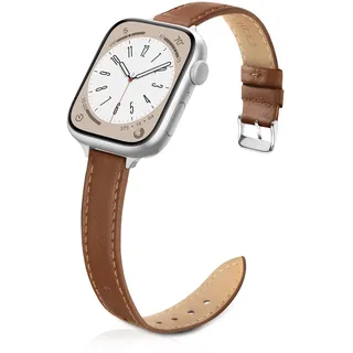 Tuocal Schmal Lederarmband Kompatibel mit Apple Watch Armband 38mm 40mm 41mm 42mm(Series 10), Schlank Echtes Leder Armband für iWatch Series 10 9 8 7 6 5 4 3 2 1 SE Damen, Braun & Silber