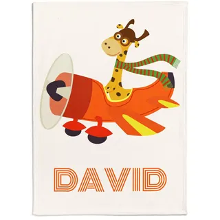 Personalisierte Kinderdecke mit Namen und einem ausgewählten Fahrzeug- und Tiermotiv (Flugzeug)