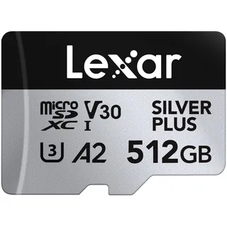 Lexar Silver Plus Micro SD Karte 512GB, Bis zu 205 MB/s Lesegeschwindigkeit, 150MB/s Schreibgeschwindigkeit, Speicherkarte Micro SD mit SD Adapter, UHS-I, A2, U3, V30, Klasse 10, 4K UHD microSDXC
