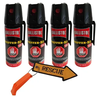 SPARSET -4X Pfeffer-KO Jet 50ml Spray – Verteidigungsspray gegen Tiere – Abwehrspray 5m Sprühweite - Panikverschluss Tierabwehr Selbstverteidigung + Notfall-Pfeife & Schlüsselanhänger Rescue