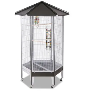 Montana Cages | Großer Vogelkäfig Villa Redondo, Vogelvoliere sechseckig Antik-Platinum für Sittiche und Papageien mit Rollen, Kotwanne und Zubehör