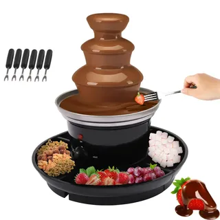 Schokobrunnen, 3 Ebenen Schokofondue, mit 6 Gabeln und 1 Food Tray, Schokoladenbrunnen aus Edelstahl, Fließfunktion, Warmhaltefunktion, 0,45kg, 40W, für Familienfeiern, Jubiläen, Hochzeiten