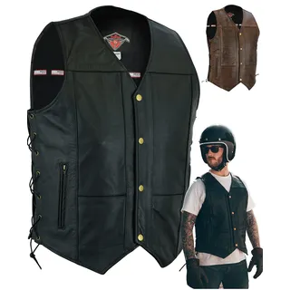 Texpeed motorrad leder weste herren - Chopper biker rocker lederweste - Reißverschlusstaschen mit geschnürt rindleder top-grain echtleder - Schwarz - (5XL)