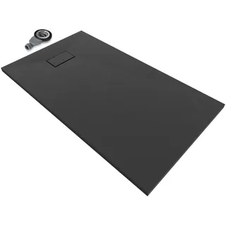 iflair Smc Duschwanne Duschtasse mit Anti-rutsch Flach Mit Steinoptik Schwarz inkl. Ablaufgarnitur 140x80 cm