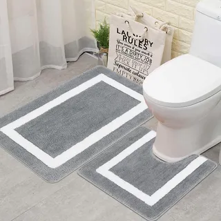 Famibay Badezimmerteppich Set 2 Teilig Badematte und WC Vorleger mit Ausschnit rutschfest Waschbar Badteppich Mikrofaser Badematte Wasserabsorbierend für Badezimmer Badewanne und Toilette