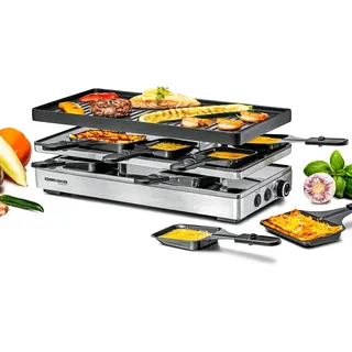 ROMMELSBACHER Pizza Raclette RCP 1800, Wendeplatte (Grillmuster/Crêpes), Pizzafunktion, keramische Antihaftbeschichtung (PFAS-frei), Parkdeck, 2 m Kabel, Ein/Ausschalter, stufenlose Temperaturregelung