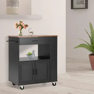 Küchenwagen auf Rollen, Kücheninsel Holz mit Arbeitsplatte, Servierwagen Rollwagen mit Schublade & 3 Einlegeböden, beweglicher Küchentrolley (s... - Schwarz