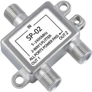 2-Fach SAT Splitter, Koaxial Verteiler, Sat Splitter, Antennenverteiler SAT Verteilerfür Satelliten und Kabelanlagen, TV Signalverteilung Stromversorgung, 5-2400 MHz, 2 Receiver Gleichzeitig Betreiben
