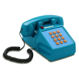 Opis Technology PushMeFon Cable Retro Festnetztelefon mit Tasten, Hellblau | Große Tasten und echte Metallglocke. Für Tisch oder Wand, kräftige Farben, Vintage Optik.