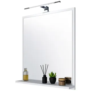 FreshYou Badspiegel mit 1 Ablage Badezimmerspiegel Spiegel Regal Wandspiegel Hängespiegel Badmöbel Spiegel Flurspiegel für Schlafzimmer für Badezimmer Weiß 60X70 LED Lampe