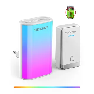 TECKNET Türklingel Batterielose, Steckdosen-Funkklingel mit EU-Steckdose und RGB Licht, IP65 Wasserdicht Funk Türklingel, Kabellose Türklingel, Klingel Haustür mit 60 Melodien 5 Lautstärkestufen, 400m